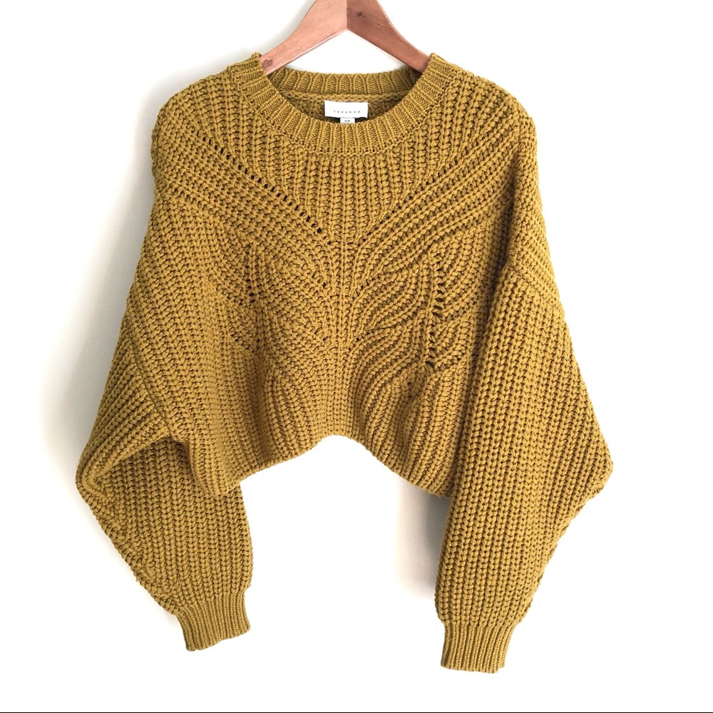 Topshop Chunky Cable Knit Oversized Cropped Sweater Mustard Yellow